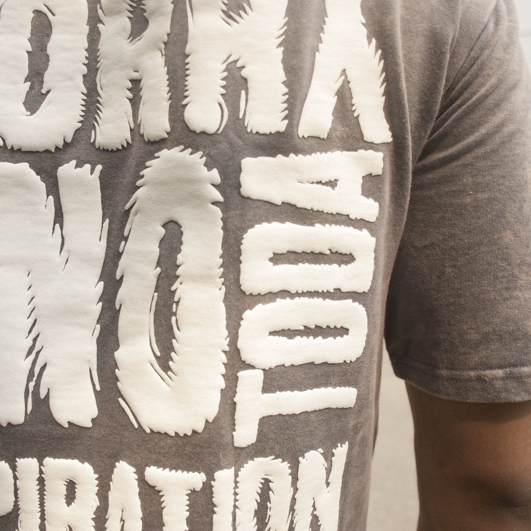 Grey Oversize Acid-Wash T-shirt: “Sorry No Inspiration Today” Puff Print